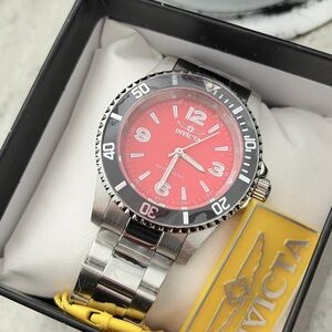Invicta Men’s Stainless Steel Watch with Red Dial and Black Bezel